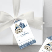 Feestelijke puppy, van en naar, blauwe kerst cadeaulabel