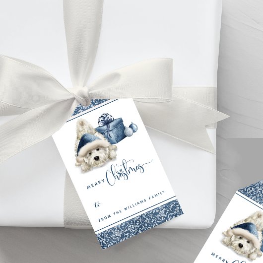 Feestelijke puppy, van en naar, blauwe kerst cadeaulabel