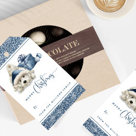 Feestelijke puppy, van en naar, blauwe kerst cadeaulabel