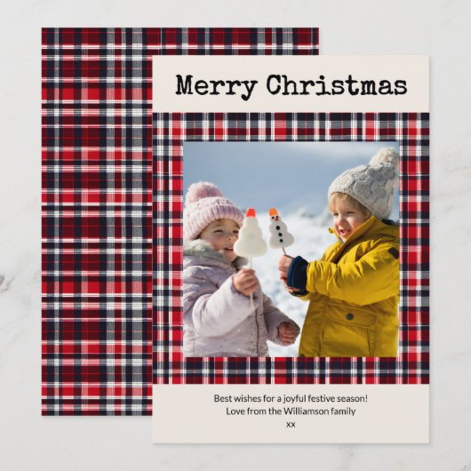 Feestelijke Red Plaid Custom Photo Christmas Feestdagenkaart (Voorkant / Achterkant)