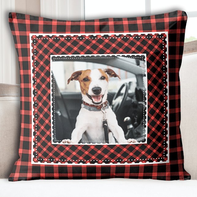 Feestelijke Red Plaid Dog foto Kussen (Red Plaid Kids Photo Holiday Christmas Throw Pillow)