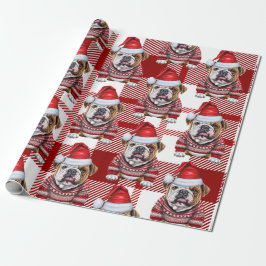Feestelijke Red Plaid en Bulldog Kerstmis Cadeaupapier