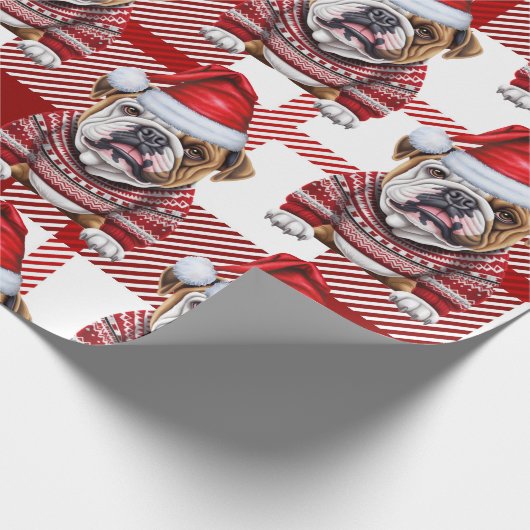 Feestelijke Red Plaid en Bulldog Kerstmis Cadeaupapier (Hoek)