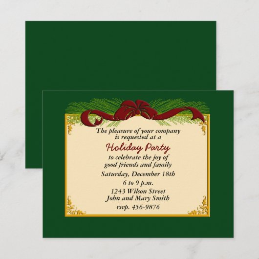 Feestelijke Red Ribbon Vakantie Party uitnodiging (Voorkant / Achterkant)