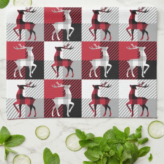 Feestelijke Rendier Red Grey Plaid Illustratie Theedoek (Gevouwen)