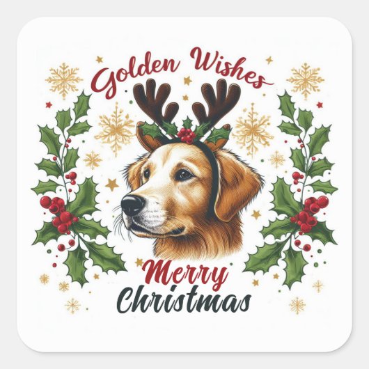 Feestelijke rendieren Golden Retriever Hond Kerstm Vierkante Sticker (Voorkant)