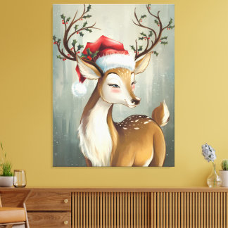 Feestelijke rendieren met Holly en Santa Hat Canvas Afdruk