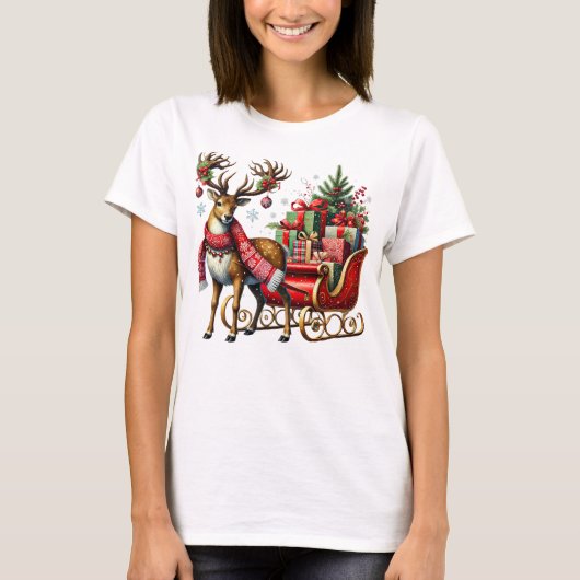 Feestelijke rendieren met kerstslee en cadeaus t-shirt (Voorkant)