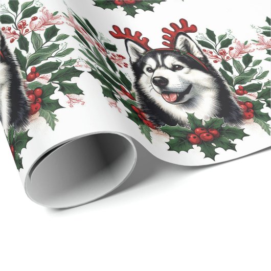 Feestelijke rendieren Siberische Husky Hond Kerstm Cadeaupapier (Rol Hoek)