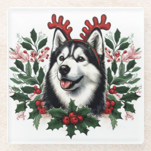 Feestelijke rendieren Siberische Husky Hond Kerstm Glazen Onderzetter