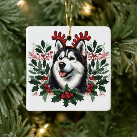 Feestelijke rendieren Siberische Husky Hond Kerstm Keramisch Ornament (Boom)