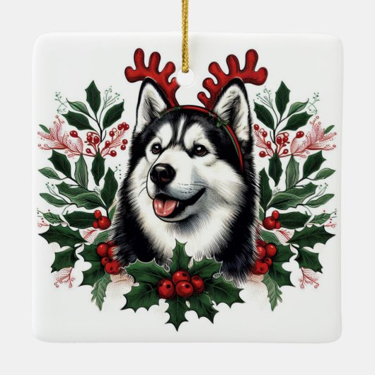 Feestelijke rendieren Siberische Husky Hond Kerstm Keramisch Ornament (Achterkant)