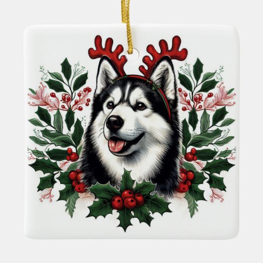 Feestelijke rendieren Siberische Husky Hond Kerstm Keramisch Ornament (Voorkant)