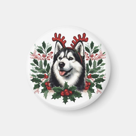 Feestelijke rendieren Siberische Husky Hond Kerstm Magneet (Voorkant)