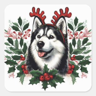 Feestelijke rendieren Siberische Husky Hond Kerstm Vierkante Sticker