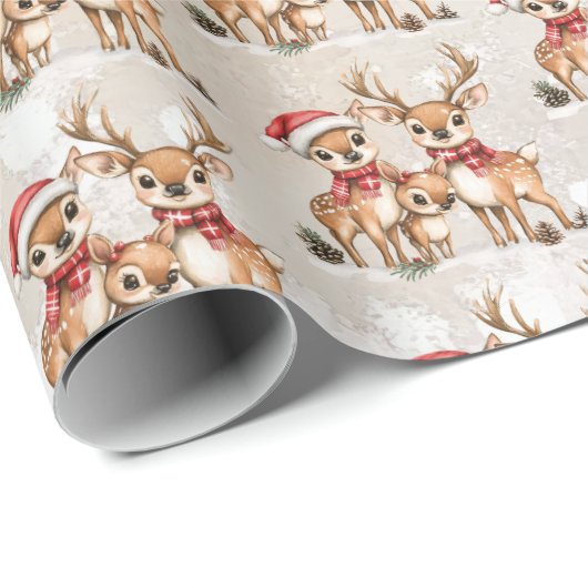 Feestelijke rendierfamilie met kerstmutsen cadeaupapier (Rol Hoek)