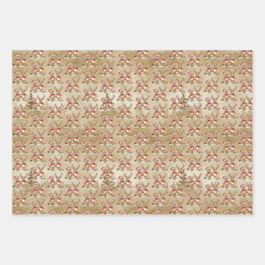 Feestelijke rendierfamilie met kerstmutsen inpakpapier vel (Voorkant 3)