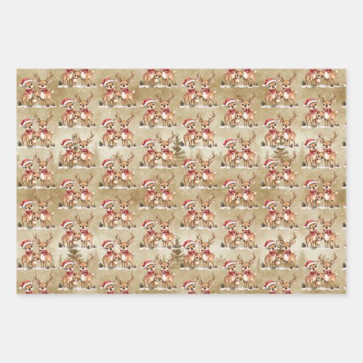Feestelijke rendierfamilie met kerstmutsen inpakpapier vel (Voorkant)