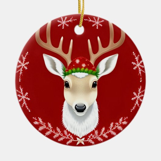 Feestelijke rendierillustratie met rode achtergron keramisch ornament (Voorkant)