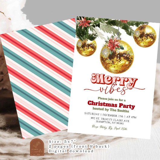 Feestelijke Retro Christmas Golden Discoball Party Kaart