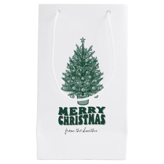 Feestelijke retro groene kerstboom klein cadeauzakje (Voorkant)