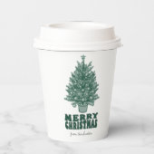 Feestelijke retro groene kerstboom papieren bekers (Achterkant)