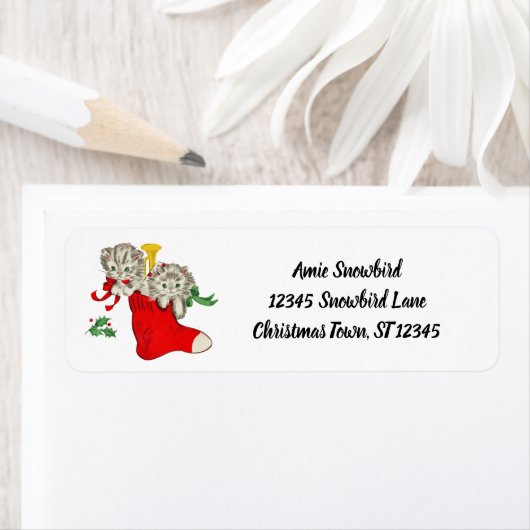 Feestelijke Retro Kerst Kittens in Red Stocking Etiket (Insitu)