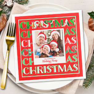 Feestelijke Retro Rode Kerst Familie Foto Servet