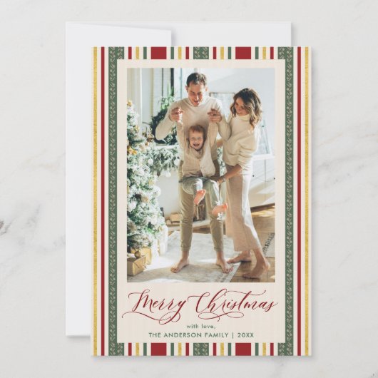 Feestelijke Retro Stripes Vrolijke Kerstfoto Feestdagenkaart (Voorkant)