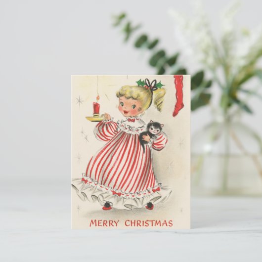 feestelijke retro vintage kerst meisje feestdagenkaart (Staand voorkant)