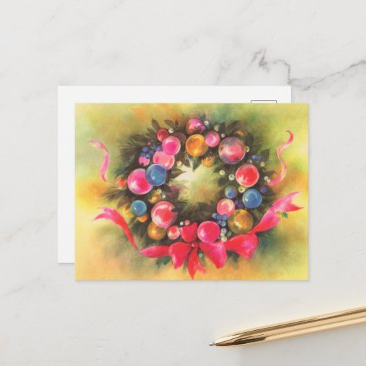 feestelijke retro vintage kerstkrans briefkaart (Voorkant / Achterkant in situ)