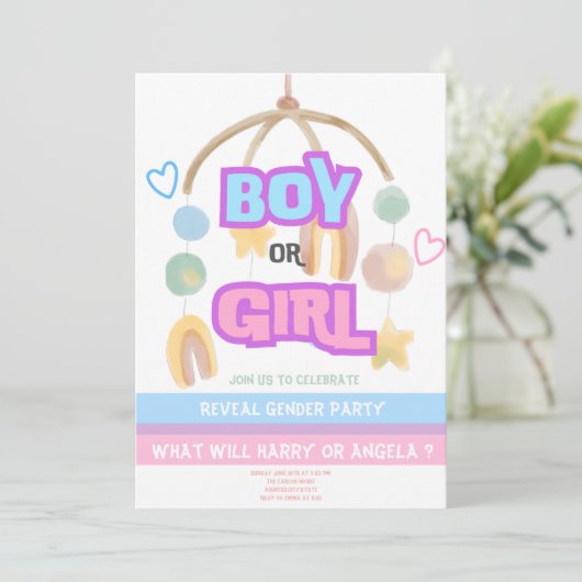 Feestelijke Reveal Gender Baby Party Invitation Kaart (Staand voorkant)
