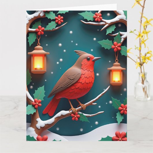 Feestelijke Robin op Holly Branch Kerstmis Kaart (Gele Bloem)