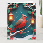 Feestelijke Robin op Holly Branch Kerstmis Kaart (Voorkant)