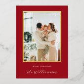 Feestelijke rode achtergrond script naam kerst fot folie feestdagenkaart (Voorkant)