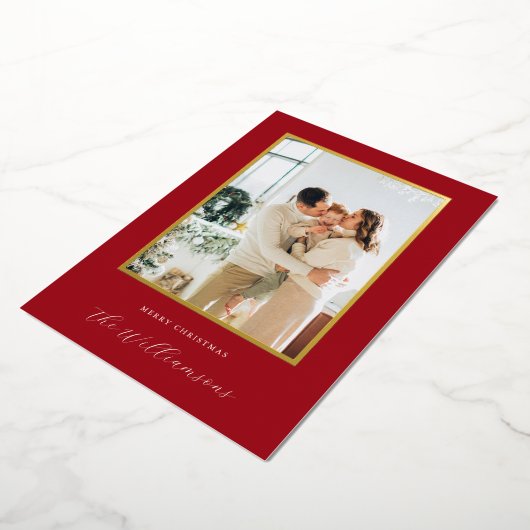 Feestelijke rode achtergrond script naam kerst fot folie feestdagenkaart (Gedraaid)