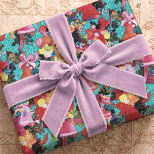 Feestelijke Rode Aqua Retro Kerstbellen Cadeaupapier