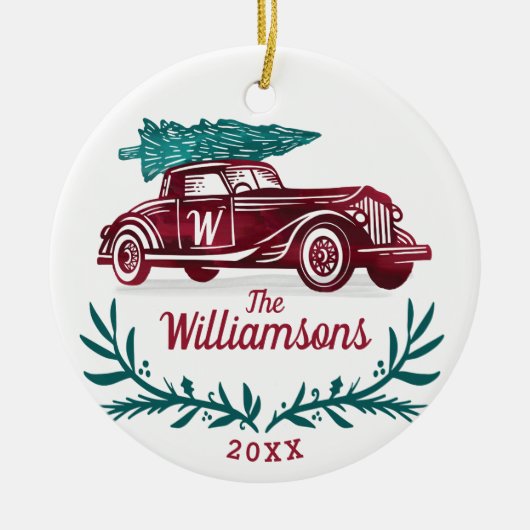 Feestelijke  Rode Auto Kerstboom Monogram Keramisch Ornament (Voorkant)