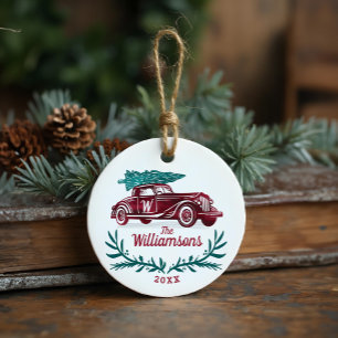 Feestelijke  Rode Auto Kerstboom Monogram Keramisch Ornament