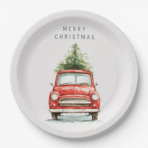 Feestelijke rode auto met kerstboom papieren borde bordje