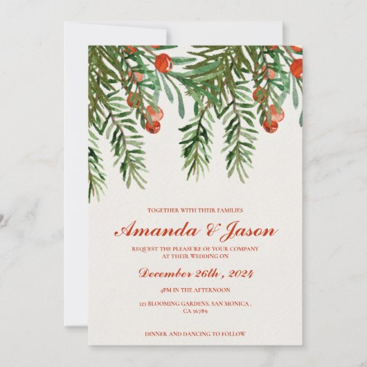 Feestelijke rode bessen Kerstmis bruiloft uitnodig (Voorkant)
