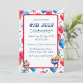 Feestelijke Rode Blauwe Ballonnen 4th Juli Uitnodi Kaart (Staand voorkant)