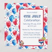 Feestelijke Rode Blauwe Ballonnen 4th Juli Uitnodi Kaart (Voorkant / Achterkant)