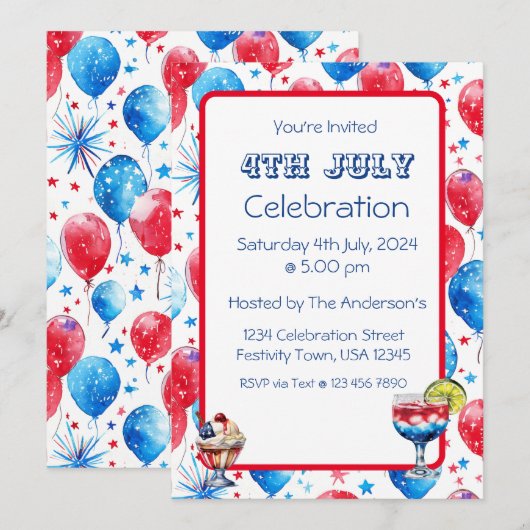 Feestelijke Rode Blauwe Ballonnen 4th Juli Uitnodi Kaart (Voorkant / Achterkant)