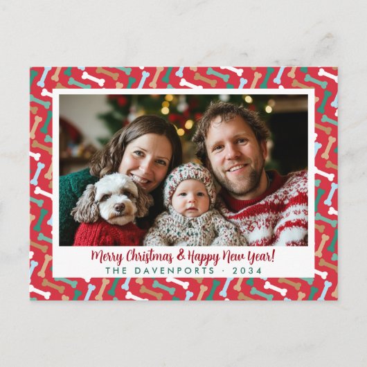 Feestelijke Rode & Blauwgroen Hond Botten Patroon  Feestdagenkaart (Voorkant)