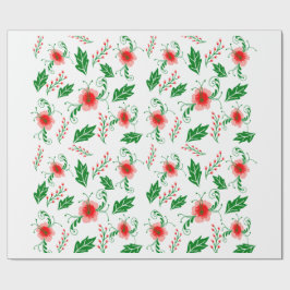 Feestelijke rode bloemen- en groene bladverpakking cadeaupapier