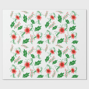 Feestelijke rode bloemen- en groene bladverpakking cadeaupapier