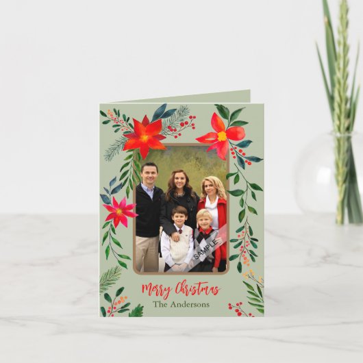 Feestelijke Rode Bloemen Waterverf 1 Foto Kerst Feestdagen Kaart (Voorkant)