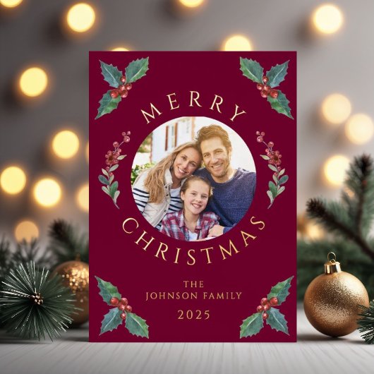 Feestelijke rode botanische foto kerst Folie Folie Feestdagenkaart
