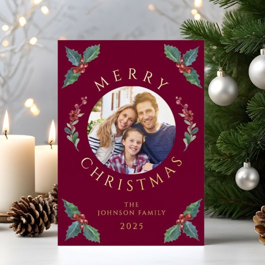 Feestelijke rode botanische foto kerst Folie Folie Feestdagenkaart